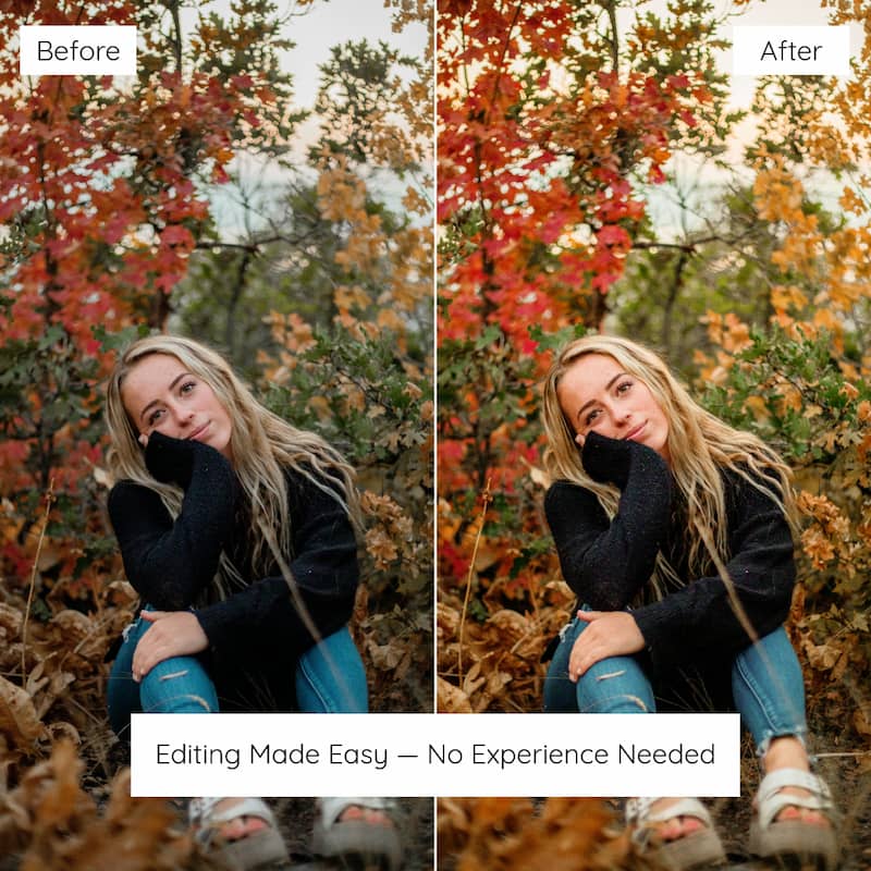 Before and after comparison of a person sitting in a forest with autumn foliage Edited With Autumn Lightroo Preset.
