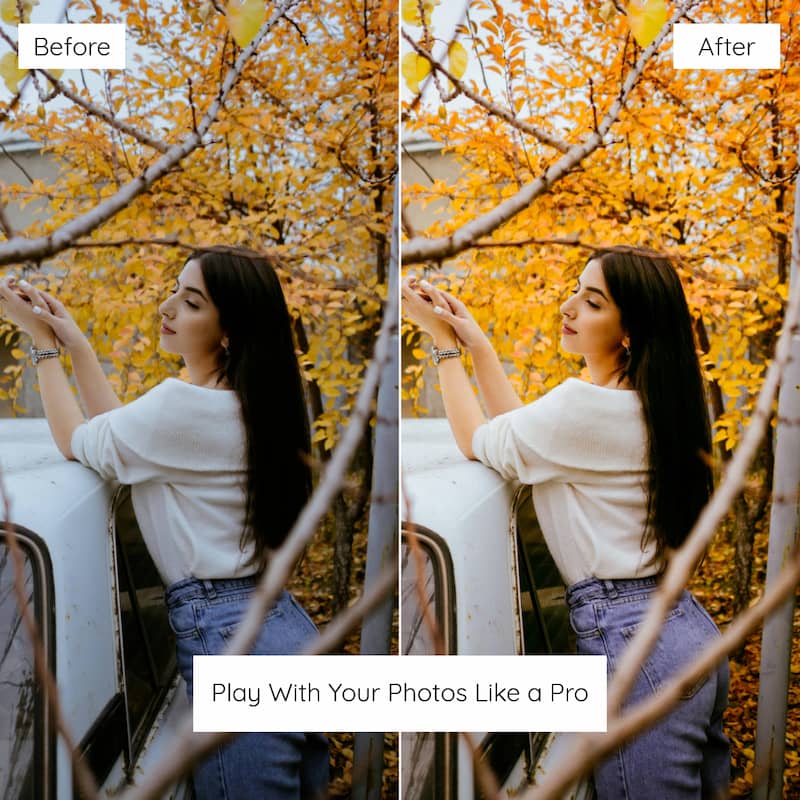 Before and after comparison With Autumn Presets of a woman sitting in a car with autumn foliage.