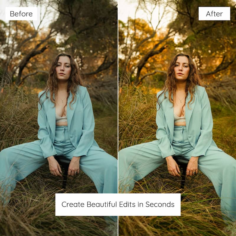 Before and after comparison of a woman in a light blue suit sitting in nature edited with autumn presets.