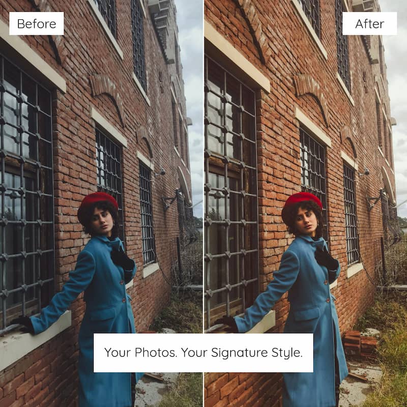 Before and after comparison Autumn Preset of a person in a blue dress and red hat against a brick building.