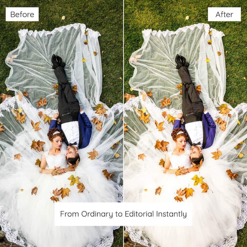 Before and after comparison Autumn Lightroom Presets of a wedding photo with a veil draped over the couple on grass.