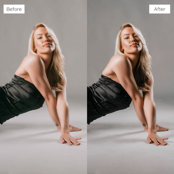 BackToBlack preset applied to studio portrait of bold blonde woman with strong contrast