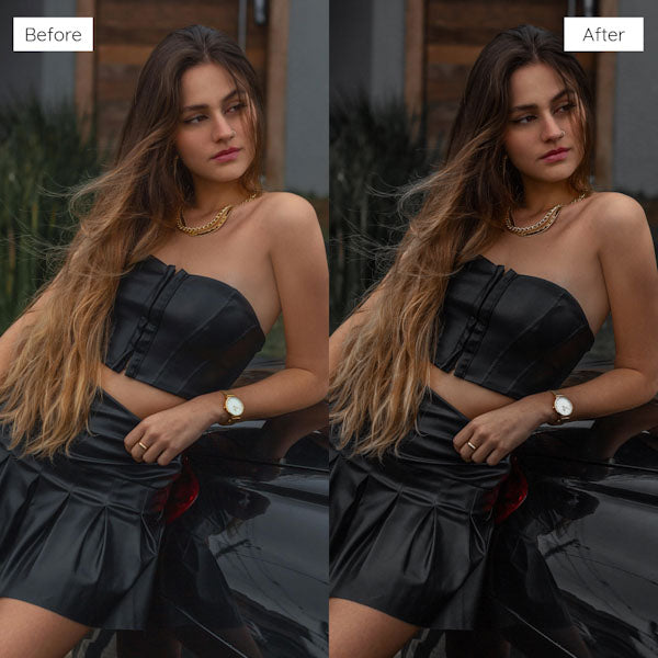 BackToBlack preset applied to outdoor editorial-style photo of stylish woman