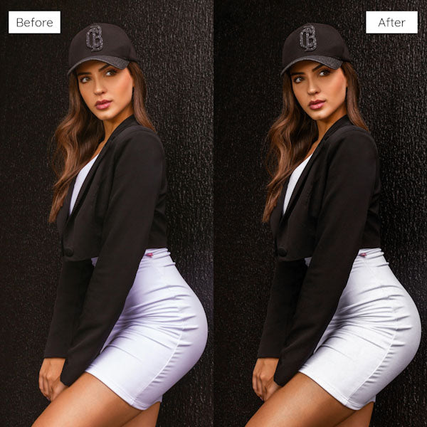BackToBlack Lightroom preset effect on outdoor street-style photo of a woman