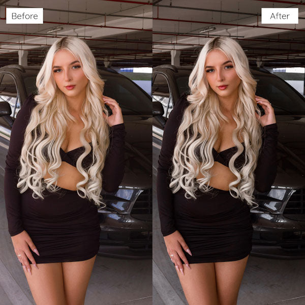 Before and after photo edited with Back To Black Lightroom preset — dramatic black and white effect on fashion portrait