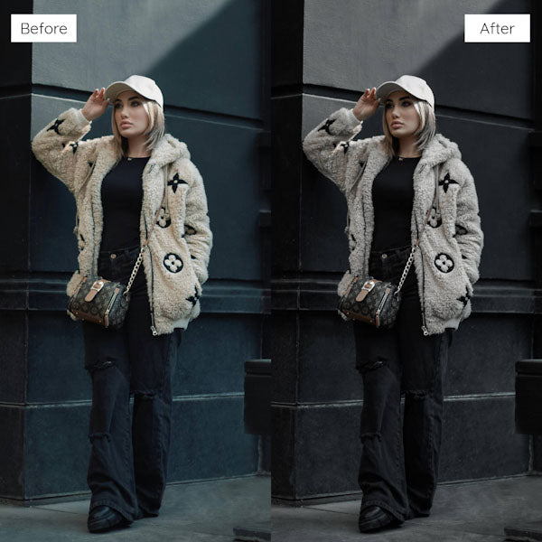Before and after showing cinematic black with Lightroom preset for women