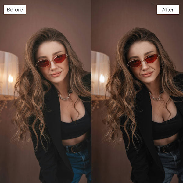 Before and after using BackToBlack preset on moody fashion portrait of a woman