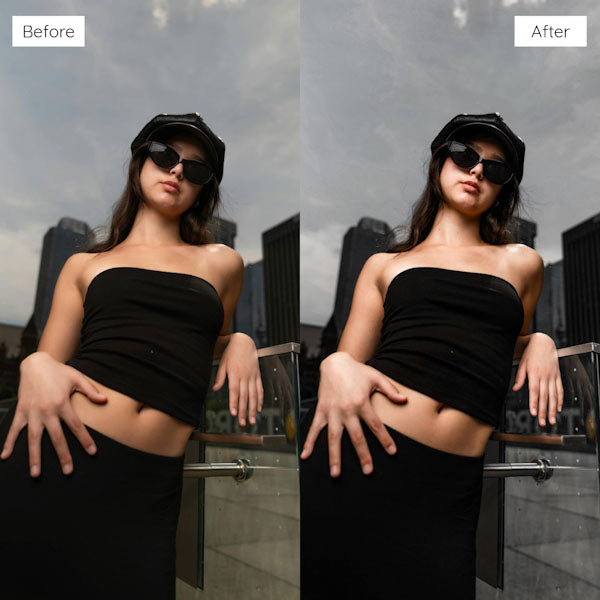 Dark contrast Lightroom preset for Instagram-ready photo of a woman