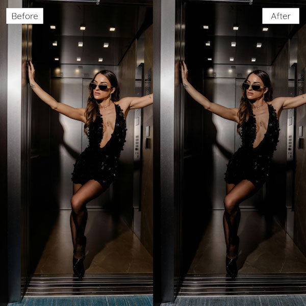 Before and after showing dark tones and contrast on elegant female portrait