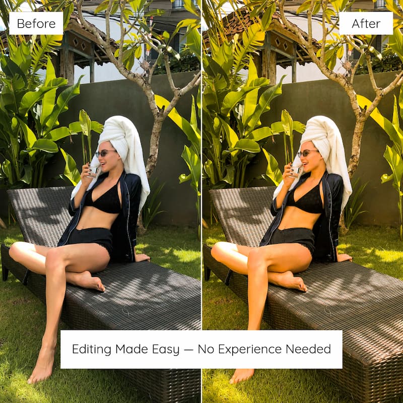 Before and after comparison of a woman sitting on a lounge chair Edited with Bali Lightroom Preset