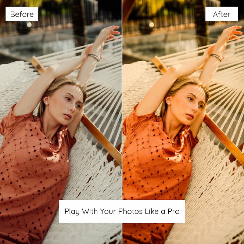 Before and after comparison of a woman in a polka dot dress lying on a hammock Enhanced with Bali Lightroom Preset