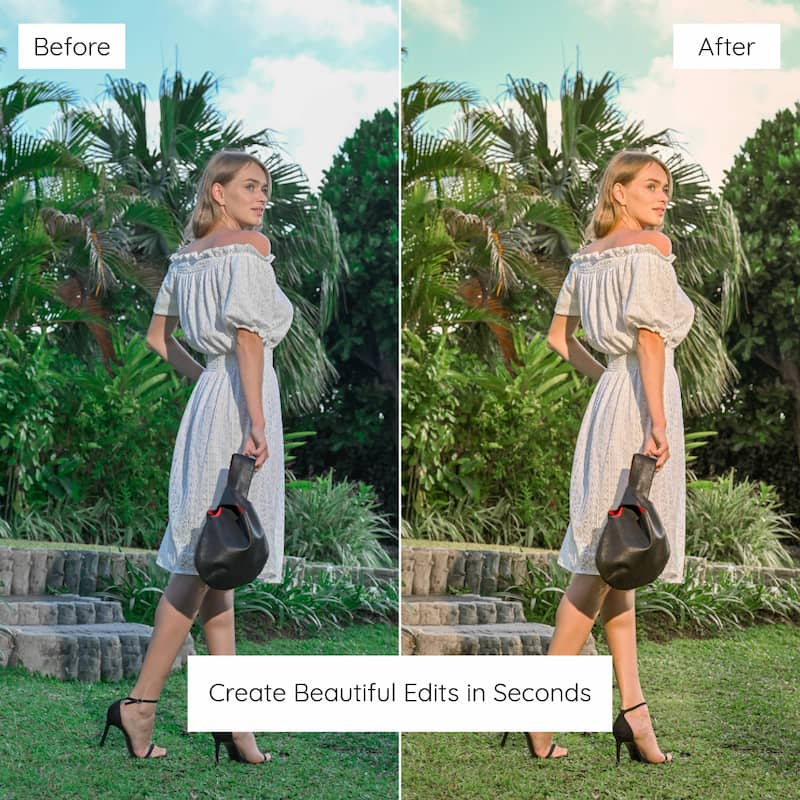Before and after comparison of a woman in a dress with added effects Edited with Bali Lightroom Preset