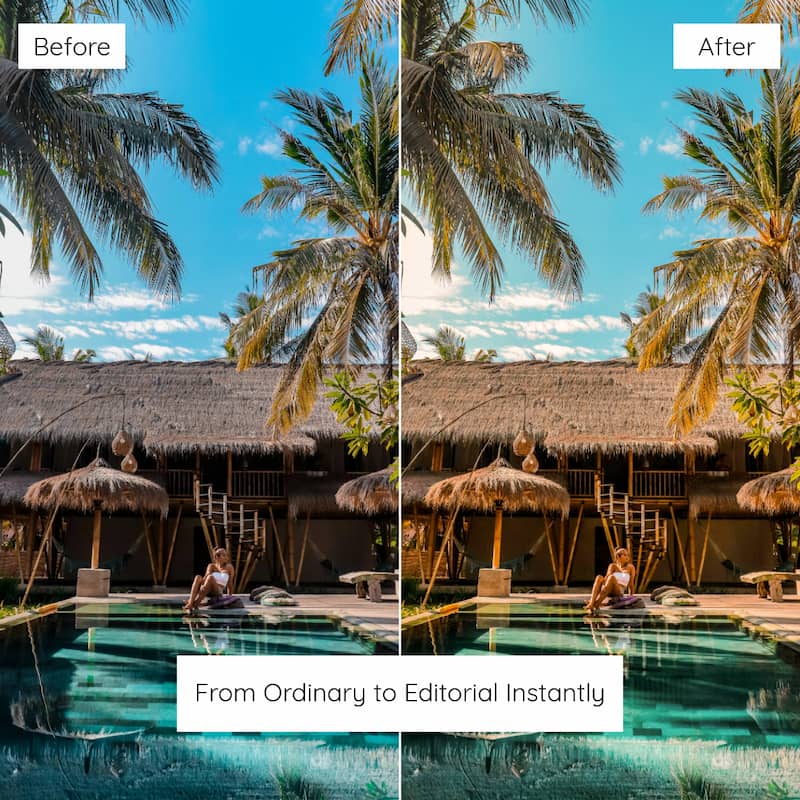 Side-by-side comparison of a tropical resort scene Enhanced with Bali Lightroom Preset
