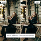 Before and after comparison of a woman sitting at an outdoor cafe Edited With Blogger Lightroom Preset