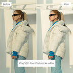 Before and after comparison of a woman wearing a white puffer jacket and blue outfit Edited With Blogger Lightroom Presets