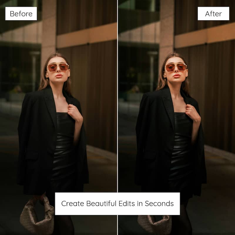 Before and after comparison of a woman wearing sunglasses and a black outfit Enhanced With Blogger Lightroom Preset