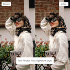 Before and after comparison of a woman with a Vogue magazine, Enhanced With Blogger Lightroom Presets