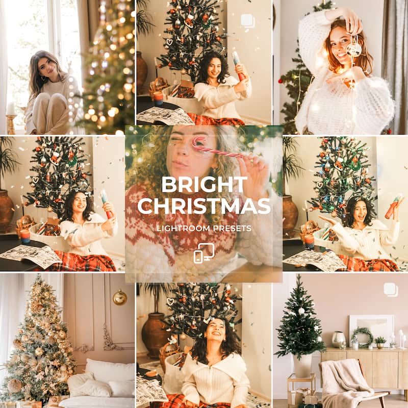 Most-Loved Bright Christmas Lightroom Presets for Mobile & Desktop for a clean set designed to enhance light-filled Christmas scenes while keeping skin tones natural and whites crisp for clean Instagram edits for Adobe Lightroom by Play Presets.