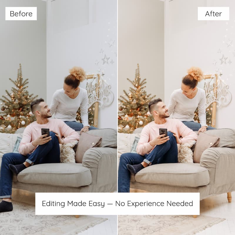 Before and after comparison of a couple on a couch Edited With Bright Christmas Lightroom Preset 