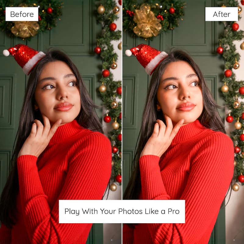 Before and after comparison of a woman wearing a red sweater and Santa hat in front of a decorated Christmas tree edited With Bright Christmas  Lightroom Presets.