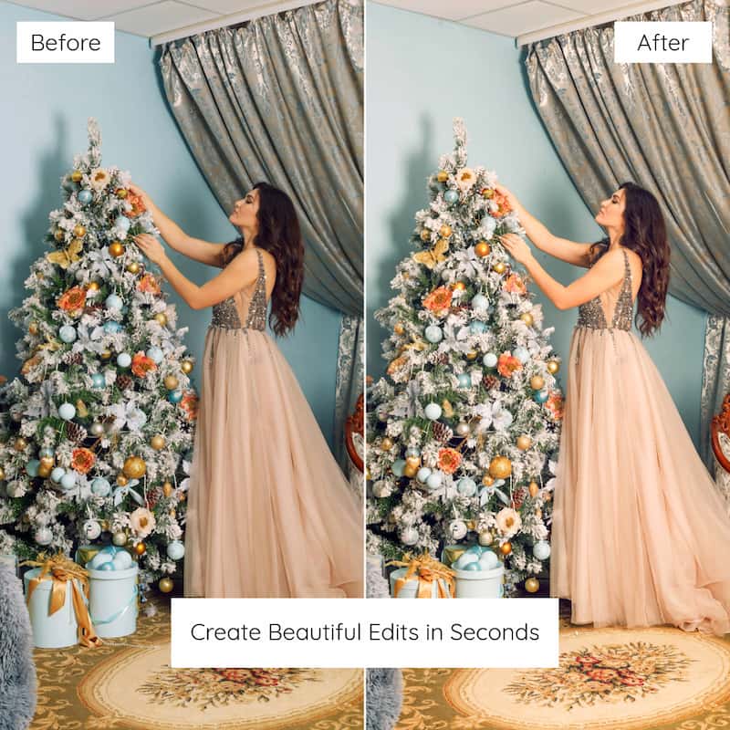 Before and after comparison of a woman decorating a Christmas tree Edited With Bright Christmas Lightroom Presets.