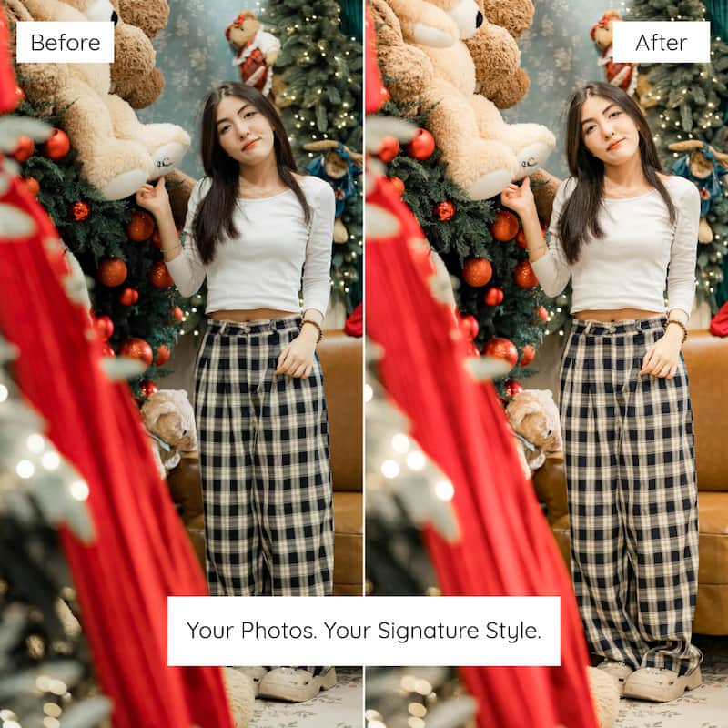 Before and after comparison of a woman in front of a decorated Christmas tree with teddy bears Enhanced With Bright Christmas Lightroom Preset.