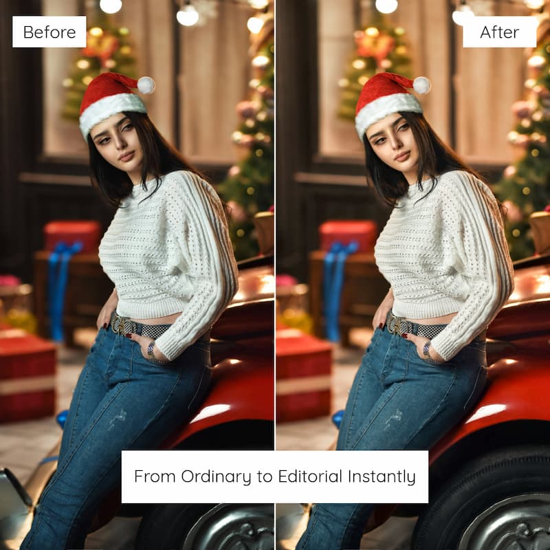 Before and after comparison of a person in a festive setting with Christmas decorations enhanced With Bright Christmas Lightroom Presets.