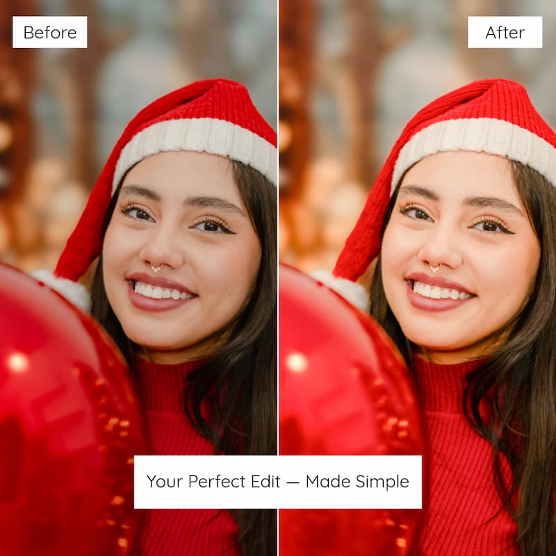 Before and after comparison of a woman wearing a Santa hat with red balloons edited  With Bright Christmas Lightroom Preset.