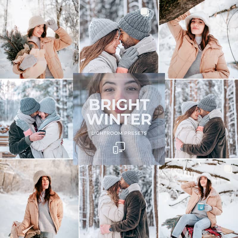 Bright Winter Lightroom Preset Collection preview with clean whites, airy winter tones and natural skin tones for snowy photography
