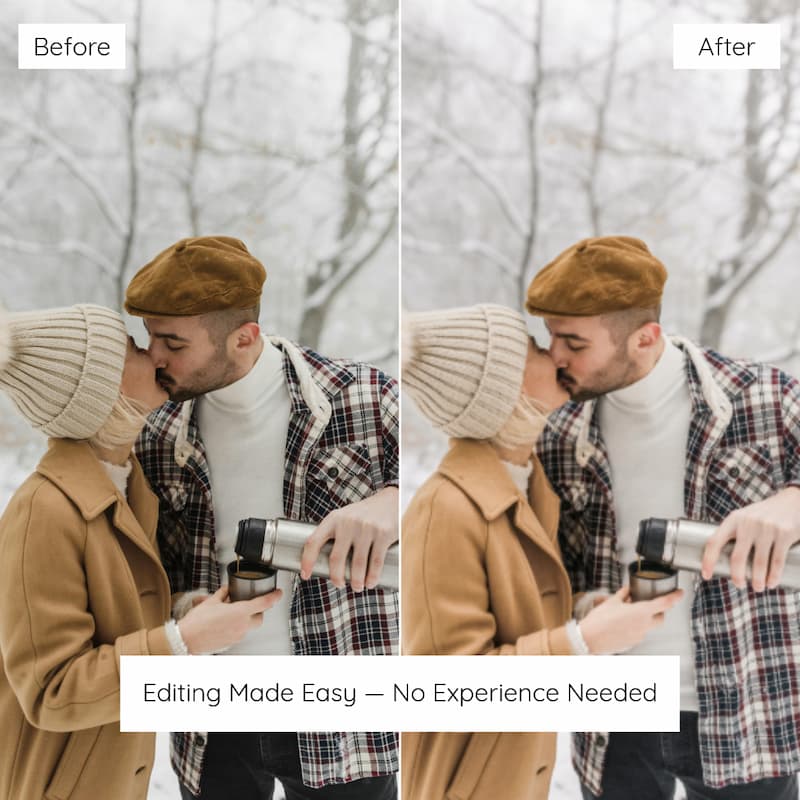 Before and after comparison of a couple in a snowy setting edited with Bright Winter Lightroom presets