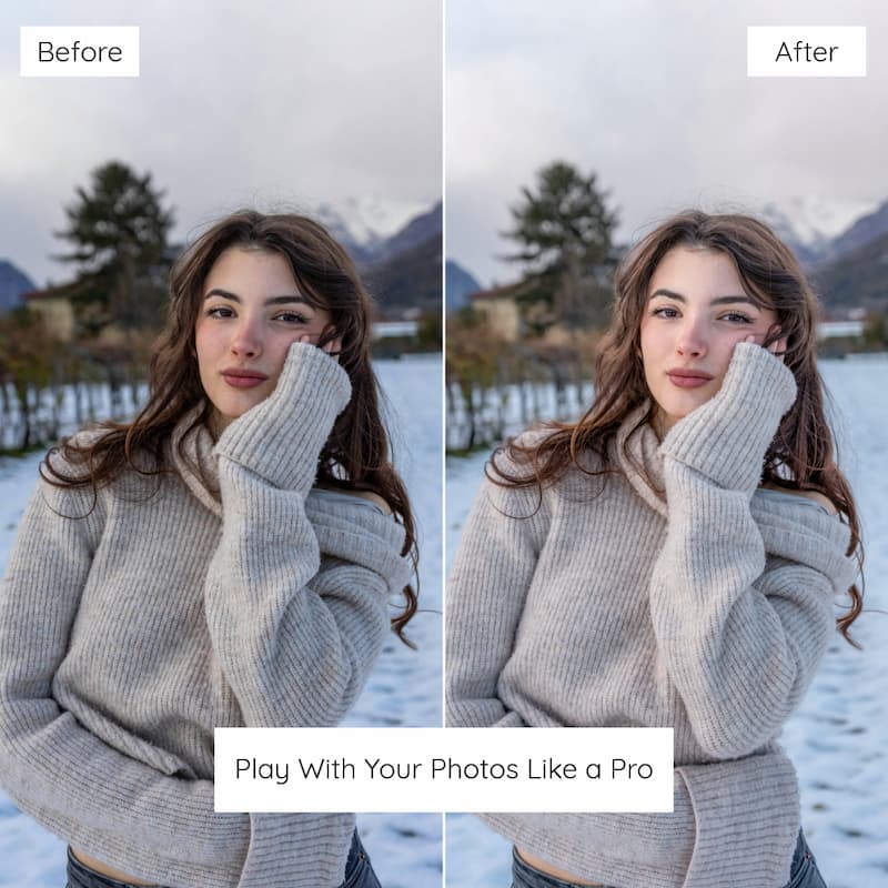 Before and after comparison of a woman in a snowy landscape edited with Bright Winter Lightroom presets