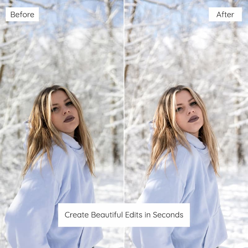 Before and after comparison of a woman in a snowy landscape enhanced with Bright Winter Lightroom presets