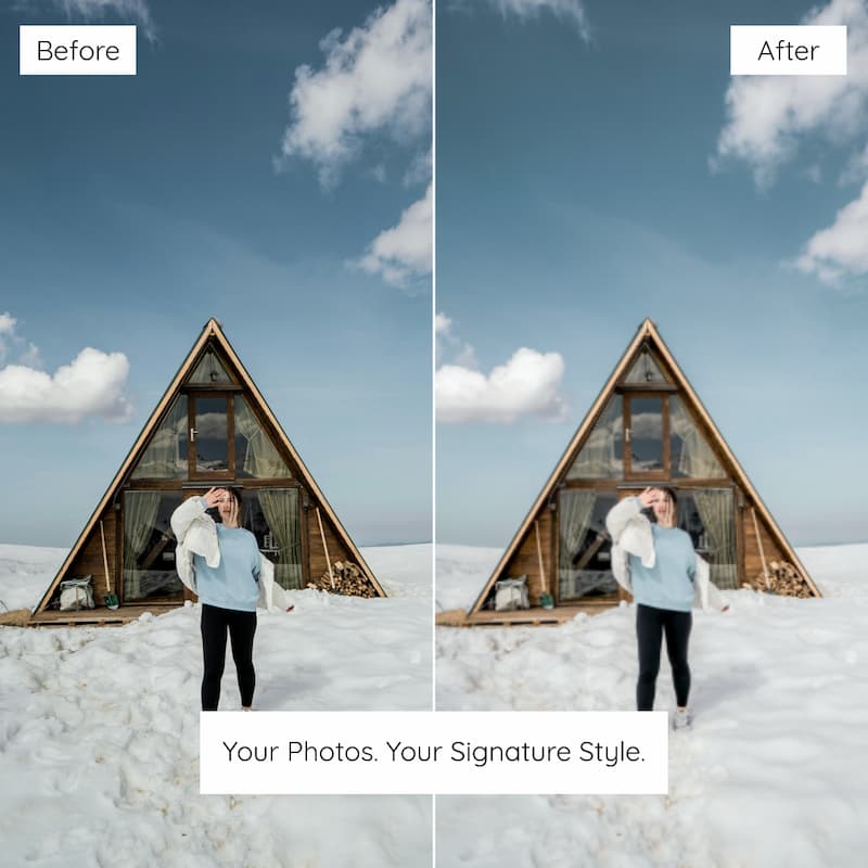 Before and after comparison of a women standing in front of a snow edited with Bright Winter Lightroom preset