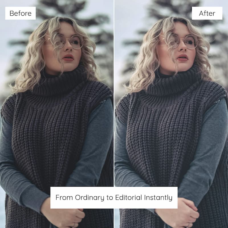 Before and after comparison of a woman wearing a dark knit vest and gray sweater enhanced with Bright Winter Lightroom preset