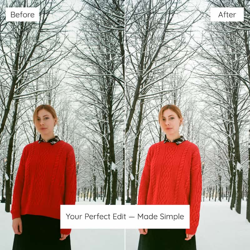 Before and after comparison of a women in a red sweater standing in a snowy landscape edited with Bright Winter Lightroom presets