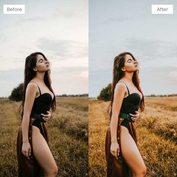 Before and after using Lightroom Presets to add vibrant and dynamic tones to an image.