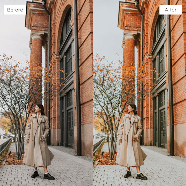 Before and after using Lightroom Presets for creating a moody, cinematic look.