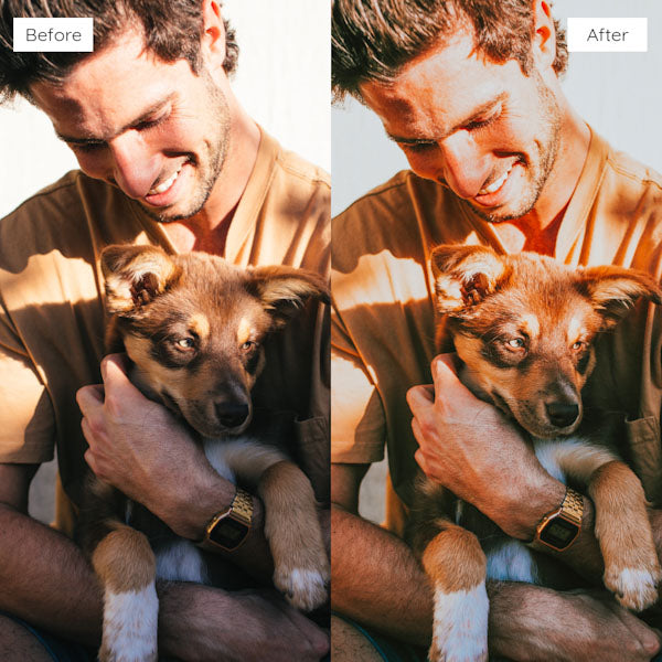 Before and after using Lightroom Presets for enhancing natural light and shadows in photos.