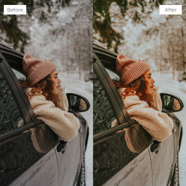 Before and after using Lightroom Presets to create a consistent, cohesive look across a photo series.