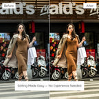 Before and after comparison of a woman walking with shopping bags in an urban setting Edited with Brown Lightroom Preset