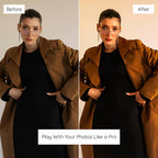 Before and after photo editing comparison of a person wearing a brown coat and black dress Edited with Brown Lightroom Presets