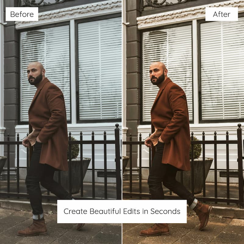 Before and after comparison of a man in a brown coat standing on a street Edited with Brown Lightroom Preset