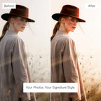 Before and after comparison of a woman wearing a hat with a blurred effect Enhanced with Brown Lightroom Preset