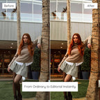 Before and after comparison of a woman posing outdoors Enhanced with Brown Lightroom Presets