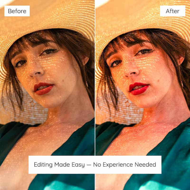 Before and after comparison of a woman wearing a straw hat with added makeup and lighting effects edited with California Lightroom Preset