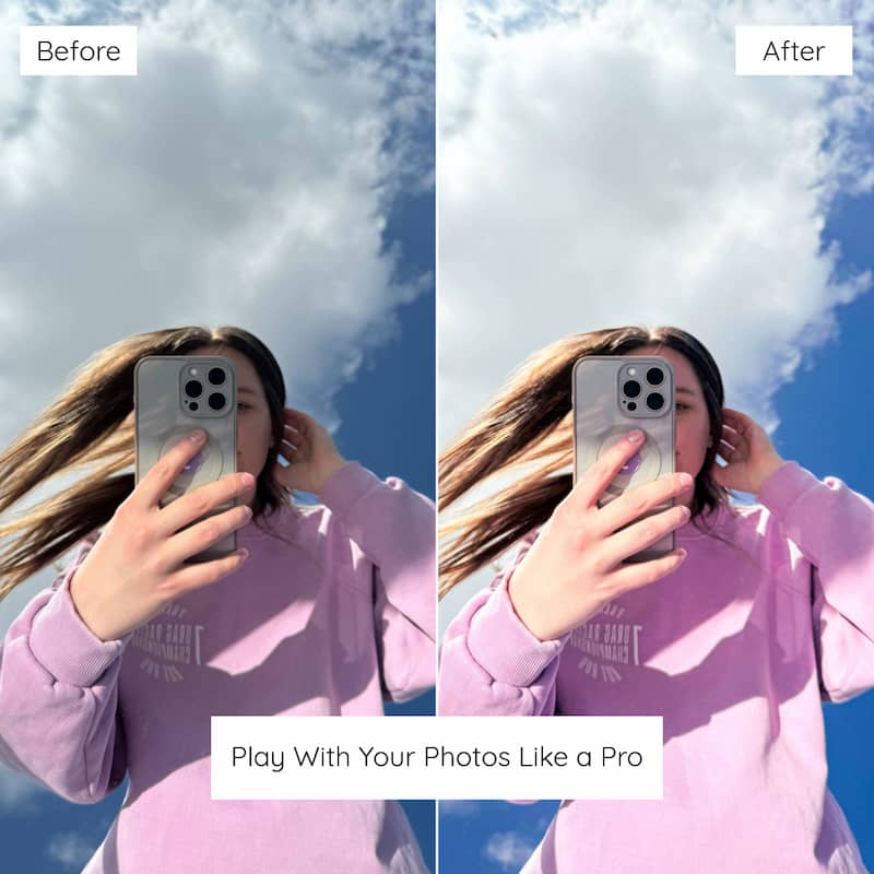 Before and after comparison of a person taking a mirror selfie with a blue sky background edited with California Lightroom Preset