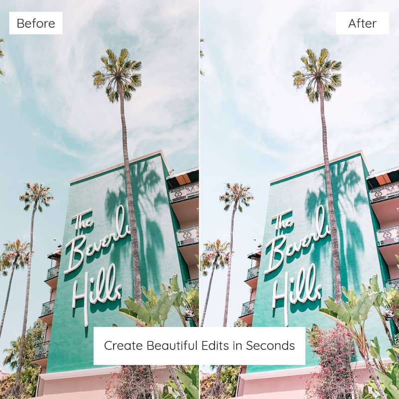Before and after comparison of a sign for 'The Beverly Hills' with palm trees edited with California Lightroom Preset