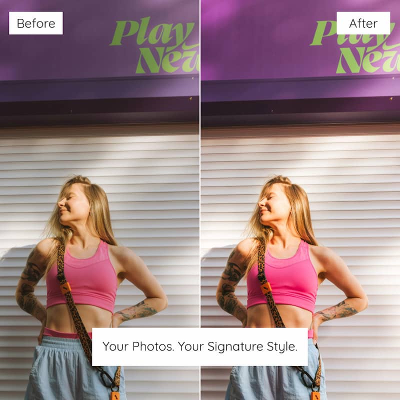 Before and after comparison of a woman posing with a purple background edited with California Lightroom Preset