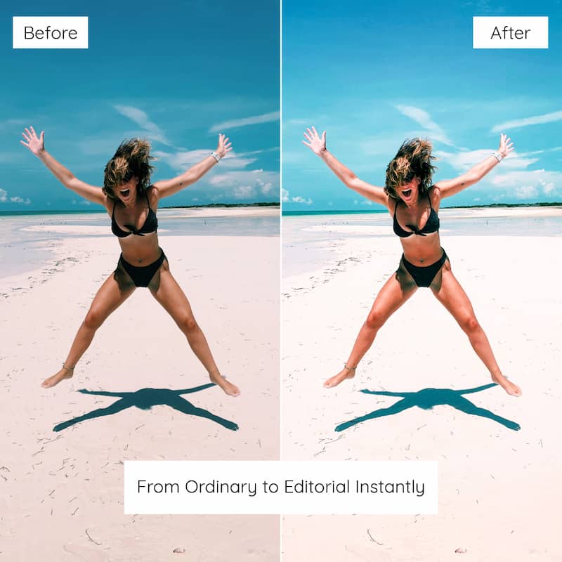 Before and after comparison of a woman jumping on a beach with enhanced colors edited with California Lightroom Preset
