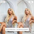 Before and after comparison of a woman in a sparkly dress sitting on a white chair, Edited With Canon G7X Lightroom Preset